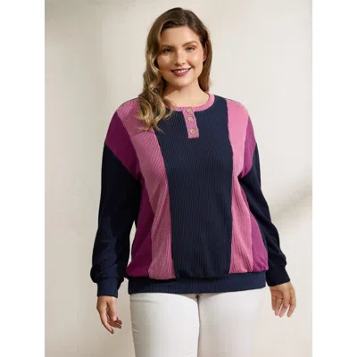 Bloomchic Women's Plus Size Color Contrast Relaxed Fit Spliced Sweatshirt Darkblue Casual 12/l In Blue