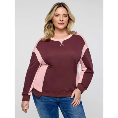 Bloomchic Women's Plus Size Color Contrast Relaxed-fit Sweatshirt Burgundy Casual 10/m