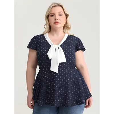Bloomchic Women's Plus Size Color Contrast Ribbon Neckline Blouse Darkblue Elegant Cap Sleeve 10/m In Blue