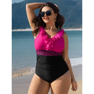 Bloomchic Women's Plus Size Color Contrast Ruffled Trim One-piece Swimsuit Rosered Geometric Colorblock Adapti