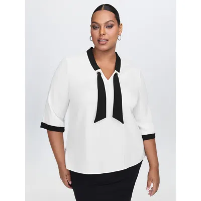 Bloomchic Women's Plus Size Color Contrast Sailor Neck-tie Blouse Ivory Non Office 3/4 Sleeve 10/m In White
