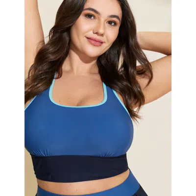 Bloomchic Women's Plus Size Color Contrast Scoop Neck Swim Top Mediumblue Solid Sleeveless Colorblock Adjustab