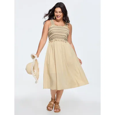 Bloomchic Women's Plus Size Color Contrast Shirred Easy-fit Midi Dress Apricot Solid Midi Vacation Smocked 10/ In Orange