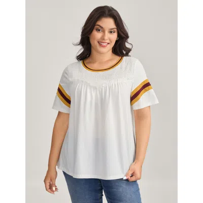 Bloomchic Women's Plus Size Color Contrast Shirred Flowy Top Originalwhite Short Sleeve Casual 12/l