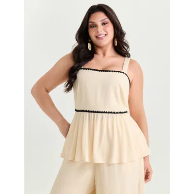 Bloomchic Women's Plus Size Color Contrast Shirred Tank Top Apricot Vacation Fit & Flare Square Neck 10/m In Orange