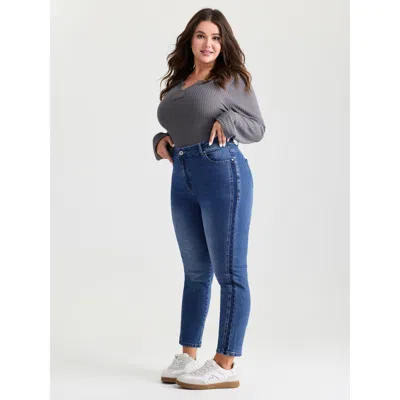 Bloomchic Women's Plus Size Color Contrast Side Skinny-fit Jeans Midblue Not Graphics Colorblock Skinny Fit Hi