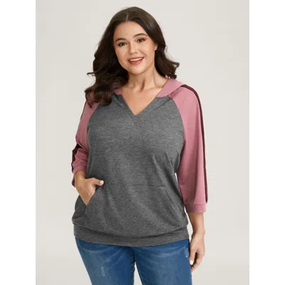 Bloomchic Women's Plus Size Color Contrast Spliced Stretchy Hem Hoodie Multicolor Casual 10/m