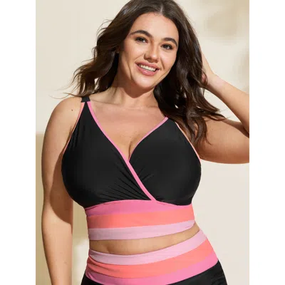 Bloomchic Women's Plus Size Color Contrast Stretchy Bikini Top Blush Solid Sleeveless Colorblock Adjustable St In Pink