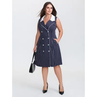 Bloomchic Women's Plus Size Color Contrast Stripe Double Button Mini Dress Indigo Stripes Midi Office Button F In Purple