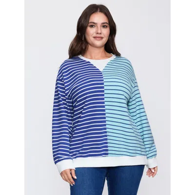 Bloomchic Women's Plus Size Color Contrast Stripe Print V-neck Sweatshirt Mediumblue Casual 22-24/3x