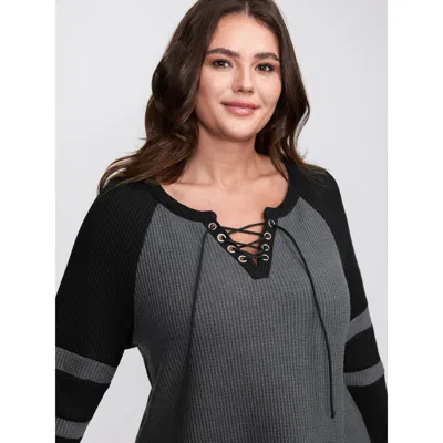 Bloomchic Women's Plus Size Color Contrast Stripe Textured Cross-tie T-shirt Dimgray Solid Casual Long Sleeve 
