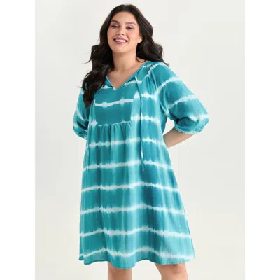 Bloomchic Women's Plus Size Color Contrast Striped Print Mini Dress Cerulean Tie-dye Midi Casual Lace-up 10/m In Blue