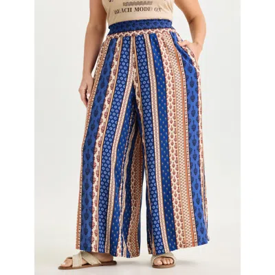 Bloomchic Women's Plus Size Color Contrast Striped Print Shirred Pants Stone Stripes Wide Leg High Rise Vacati In Gray