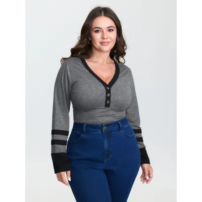 Bloomchic Women's Plus Size Color Contrast Striped T-shirt Dimgray Color Block Casual Long Sleeve V-neck 28/5x