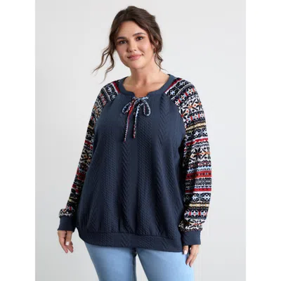 Bloomchic Women's Plus Size Color Contrast Stripes Raglan Sleeve Sweatshirt Indigo Casual V-notch Neck 10/m In Purple