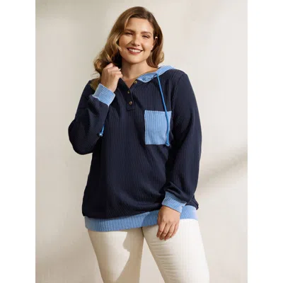 Bloomchic Women's Plus Size Color Contrast Textured Spliced Hoodie Indigo Casual 10/m In Purple