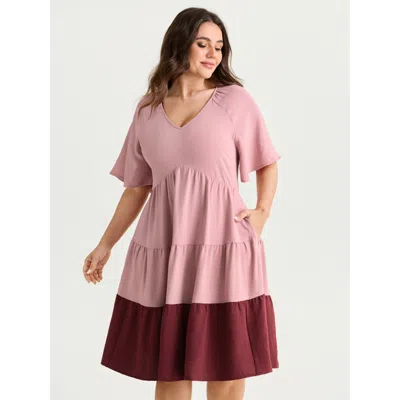 Bloomchic Women's Plus Size Color Contrast Tiered Flared Sleeve Midi Dress Crepe Color Block Knee Length Casua