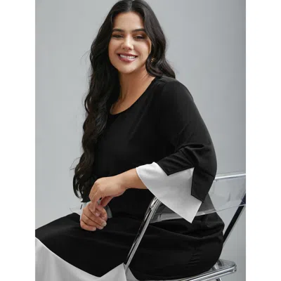 Bloomchic Women's Plus Size Color Contrast Tiered Skirt Pocket Midi Dress Black Non Midi Office Colorblock 18-
