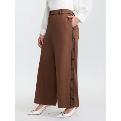 Bloomchic Women's Plus Size Color Contrast Trim Button Detail Pants Browncoffeecolor Solid Straight Fit Mid Ri