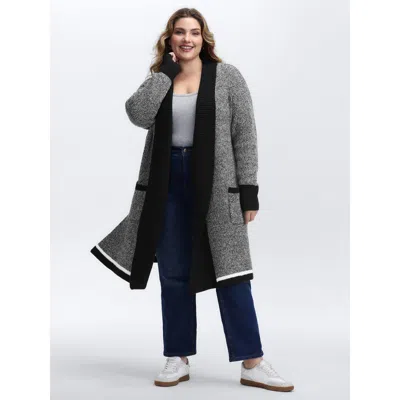 Bloomchic Women's Plus Size Color Contrast Trim Textured Pocket Knit Cardigan Black Long Sleeve 10/m