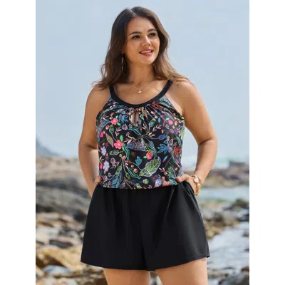 Bloomchic Women's Plus Size Color Contrast Tropical Floral One-piece Swimsuit Black Tropical Cut-out Adaptive-