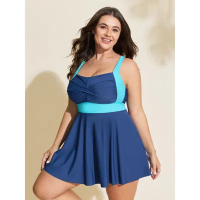 Bloomchic Women's Plus Size Color Contrast Twist Front Swim Dress Indigo Solid Patchwork Anti-float Tie 26/4x In Purple