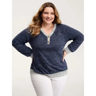 Bloomchic Women's Plus Size Color Contrast V-neck Button Sweatshirt Darkblue Casual 14-16/1x In Blue