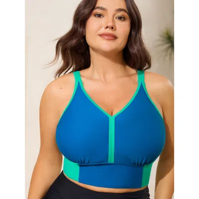 Bloomchic Women's Plus Size Color Contrast V-neck Swim Top Cerulean Geometric Colorblock Adaptive-fit 30/6x In Blue