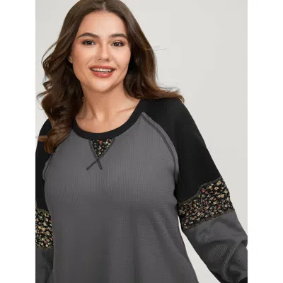 Bloomchic Women's Plus Size Color Contrast Waffle Knit T-shirt Dimgray Ditsy Floral Casual Long Sleeve Round N