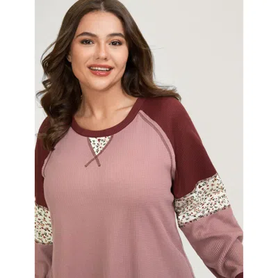 Bloomchic Women's Plus Size Color Contrast Waffle Knit T-shirt Dirtypink Ditsy Floral Casual Long Sleeve Round