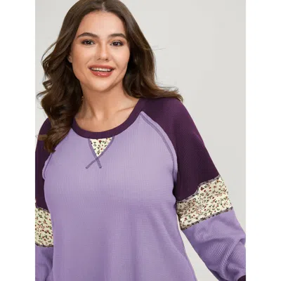Bloomchic Women's Plus Size Color Contrast Waffle Knit T-shirt Lilac Ditsy Floral Casual Long Sleeve Round Nec In Purple
