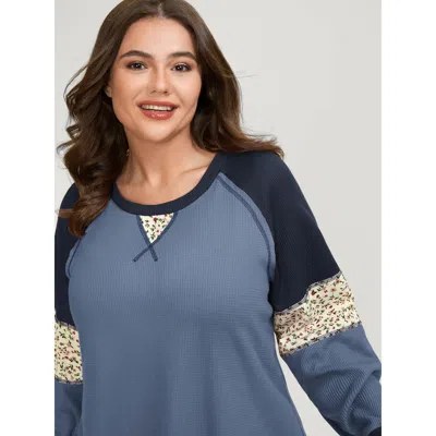 Bloomchic Women's Plus Size Color Contrast Waffle Knit T-shirt Mediumblue Ditsy Floral Casual Long Sleeve Roun
