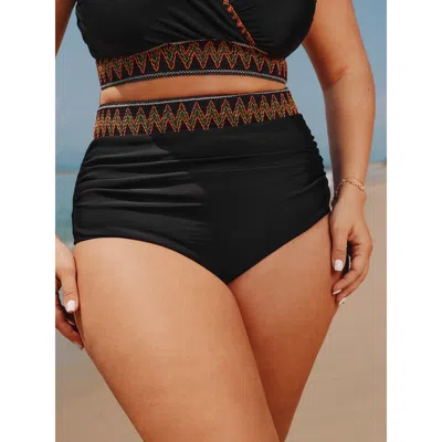 Bloomchic Women's Plus Size Color Contrast Waistband Skinny-fit Bikini Bottoms Black Solid Cropped Elastic Wai
