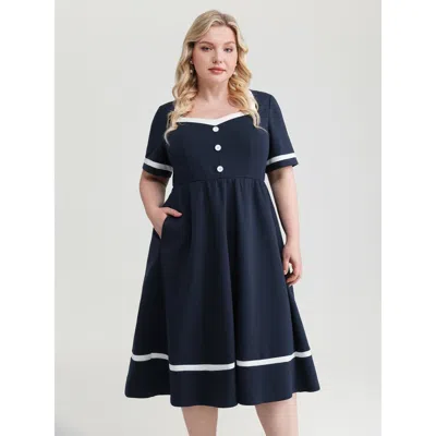 Bloomchic Women's Plus Size Color Contrast Waist-tie Bow Midi Dress Indigo Non Midi Elegant Colorblock 10/m In Purple