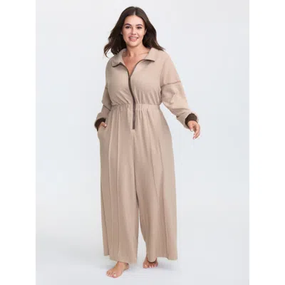 Bloomchic Women's Plus Size Color Contrast Zipper Lounge Jumpsuit Lightbrown Maxi 14-16/1x In Brown