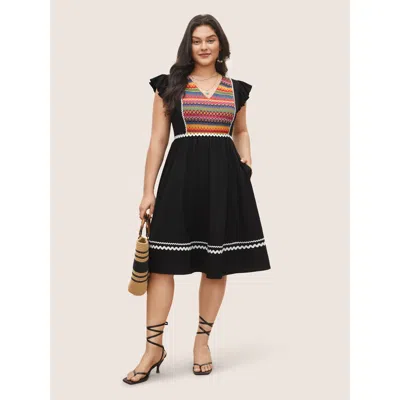 Bloomchic Women's Plus Size Color Embroidered Patchwork Flounce Sleeve Dress Black Solid Midi Vacation Patchwo