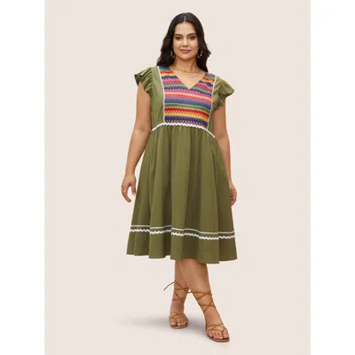 Bloomchic Women's Plus Size Color Embroidered Patchwork Flounce Sleeve Dress Sage Solid Midi Vacation Patchwor In Green