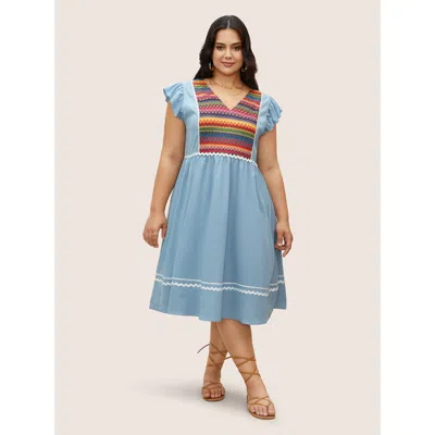 Bloomchic Women's Plus Size Color Embroidered Patchwork Flounce Sleeve Dress Stone Solid Midi Vacation Patchwo In Gray