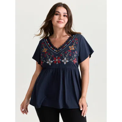 Bloomchic Women's Plus Size Color Floral Embroidery Lace Knit Top Darkblue Short Sleeve Vacation V-neck 30/6x In Blue