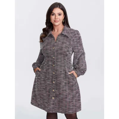 Bloomchic Women's Plus Size Color Fusion Checkered Print Shirt Dress Russet Plaid Short Elegant Button 12/l In Brown