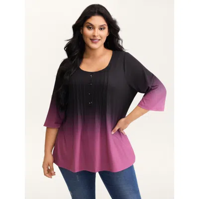 Bloomchic Women's Plus Size Color Gradient Pleated Button T-shirt Redviolet Solid Casual 3/4 Sleeve Scoop Neck