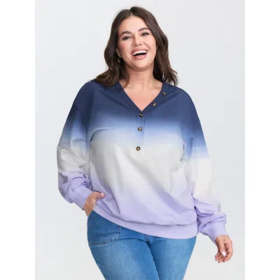 Bloomchic Women's Plus Size Color Gradient Ribbed Hem Button Sweatshirt Deeppurple Not Graphics Casual V-neck 