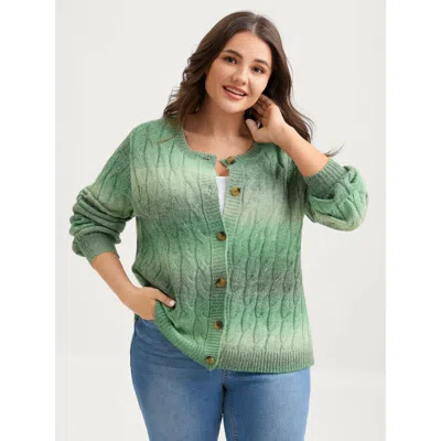 Bloomchic Women's Plus Size Color Gradient Textured Button Knit Cardigan Moss Long Sleeve 12/l In Green