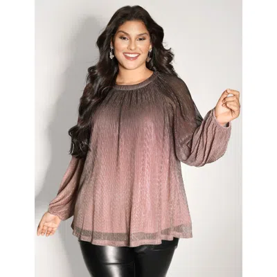 Bloomchic Women's Plus Size Color Gradient Textured Flowy Blouse Multicolor Solid Party Long Sleeve Round Neck