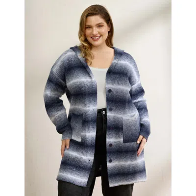 Bloomchic Women's Plus Size Color Gradient Textured Hooded Cardigan Indigo Long Sleeve 12/l In Purple
