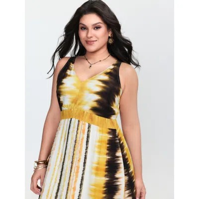 Bloomchic Women's Plus Size Color Gradient V-neck Shirred Waist Maxi Dress Multicolor Tie-dye Maxi Vacation 12