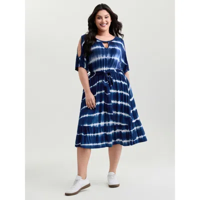 Bloomchic Women's Plus Size Color Gradient Waist-tie Keyhole Neckline Mini Dress Darkblue Tie-dye Knee Casual  In Blue