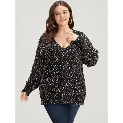 Bloomchic Women's Plus Size Color Ping Pong Yarns V Neck Popcorn Knit Top Black Polka Dot Long Sleeve 10/m