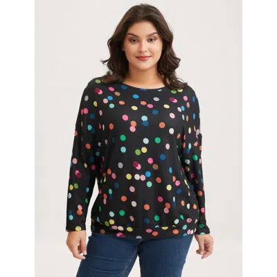 Bloomchic Women's Plus Size Color Polka Dot Drop Shoulder T-shirt Black Polka Dots Casual Long Sleeve 30/6x