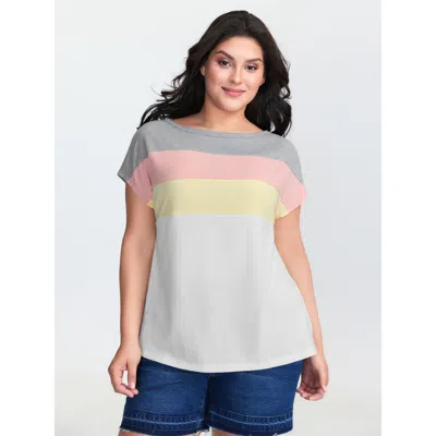 Bloomchic Women's Plus Size Color Stripe Boat Neck T-shirt Opticwhite Non Casual Short Sleeve 10/m In White